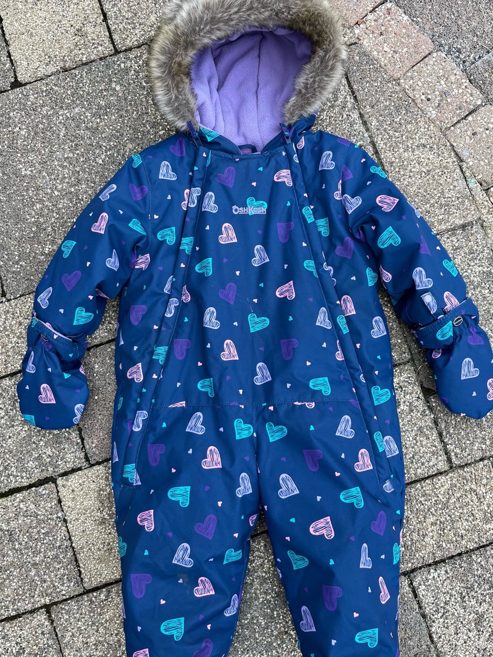 OshKosh B'gosh Girls 18M Heart Print Snowsuit w/ Fur Hood & Mittens